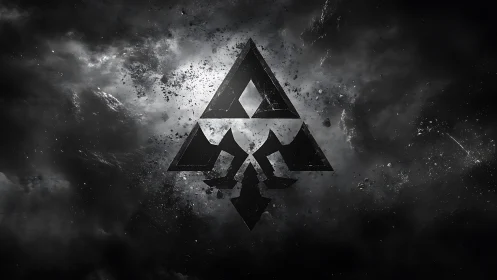 Broken triangular emblem floats in dark, smoky space field