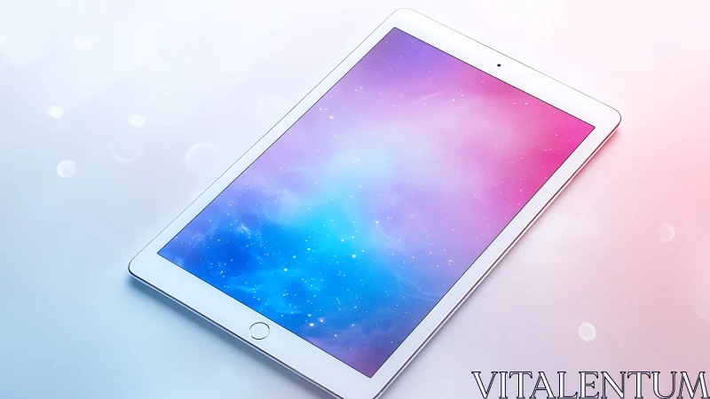 White tablet device displaying vibrant gradient wallpaper with particle effects.
