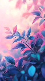Colorful leaves against soft pink and purple background.