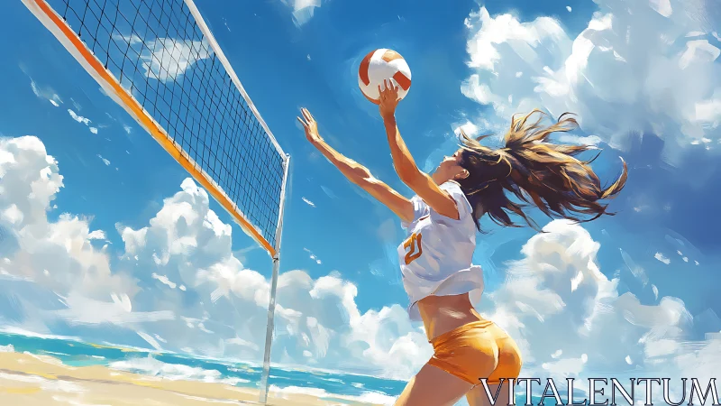 Dynamic beach volleyball jump under high-saturation skyscape.