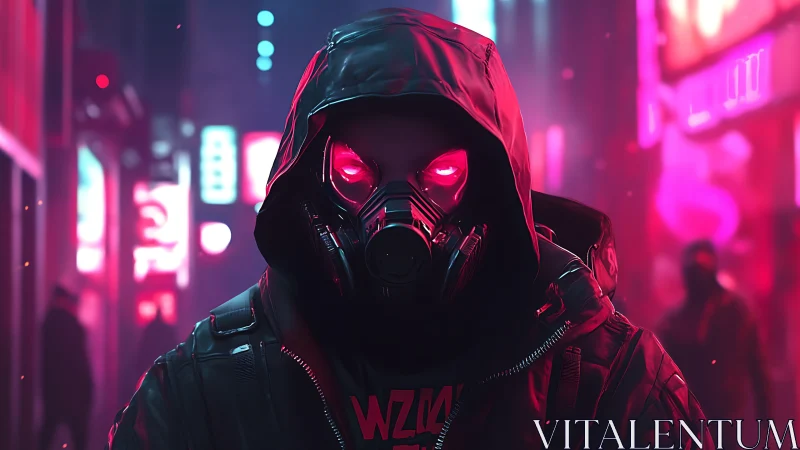 Cyberpunk hooded operative with neon gas mask silhouette.