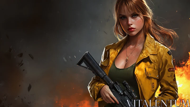 Armed Female Figure in Combat Gear Against Fire