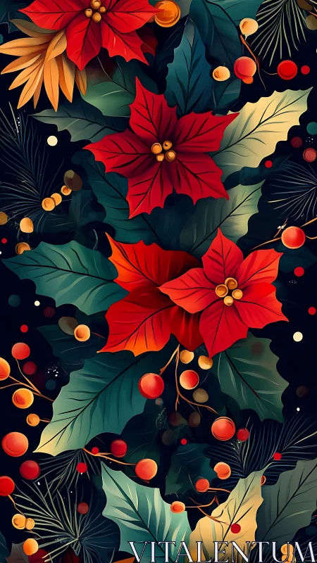 Layered poinsettia bouquet in lush holiday foliage pattern.