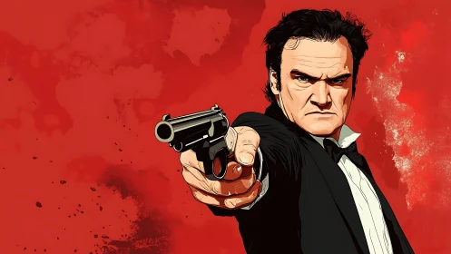 Gunman in tuxedo levels revolver against red backdrop.