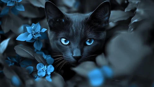 Black Feline with Penetrating Cerulean Eyes Among Midnight Blue Flora