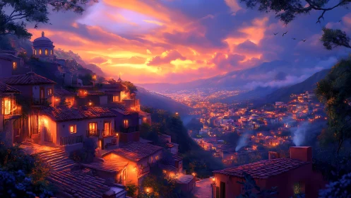 Hillside town glows under vivid sunset sky over distant valley.