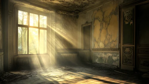 Sunlit abandoned room with decayed ornate walls. Period.