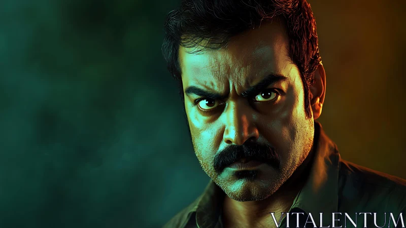 Portrait of intense male face with dual color lighting.