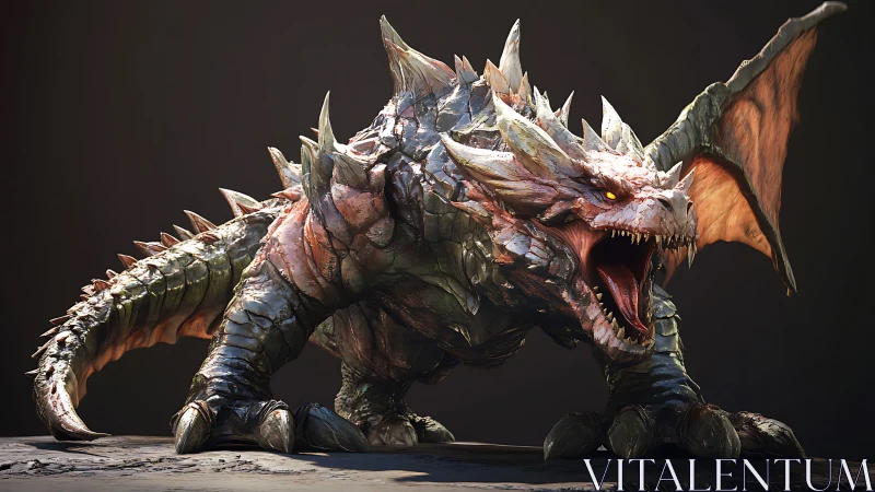 Spiked thunder dragon crouches low and roars at coming dawn