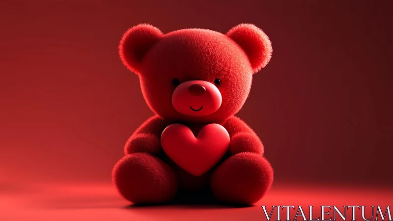 Red plush bear holding heart object in monochrome light.