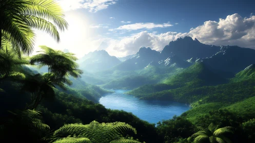 Sunlit tropical valley surrounds deep blue mountain lake