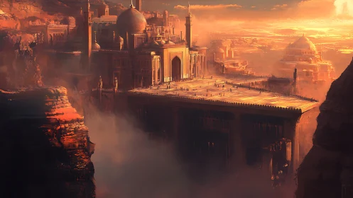 Sunlit cliffside citadel drifting in desert ember haze.