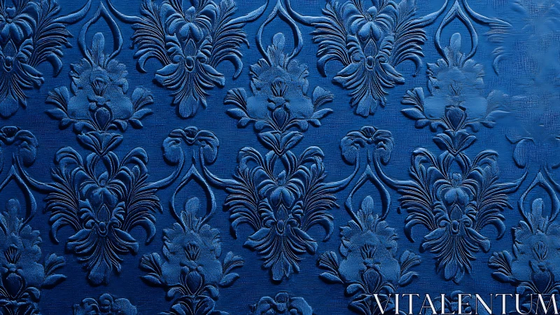 Embossed blue damask floral pattern on textured surface.