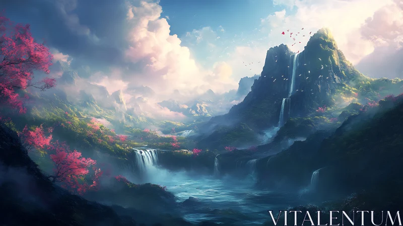 Fantasy mountain valley with cascading waterfalls under dawn sky