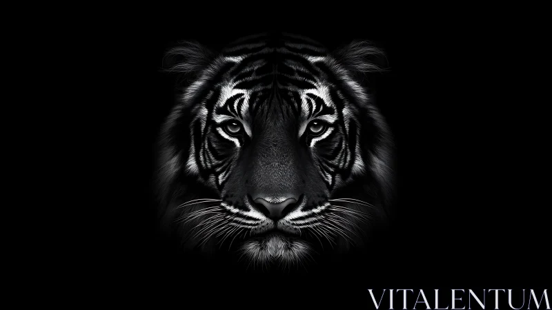 Monochrome tiger portrait with high-contrast frontal symmetry.