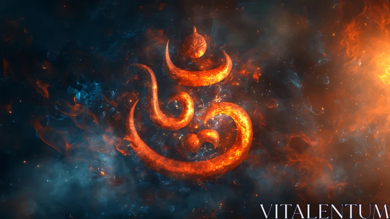 Fiery Om symbol glows within swirling cosmic nebulae
