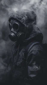Hooded figure in gas mask amid dense swirling smoke.