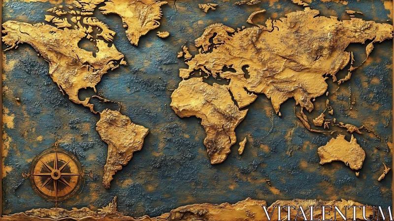 Relief world map in aged gold texture emphasizes tactile continents