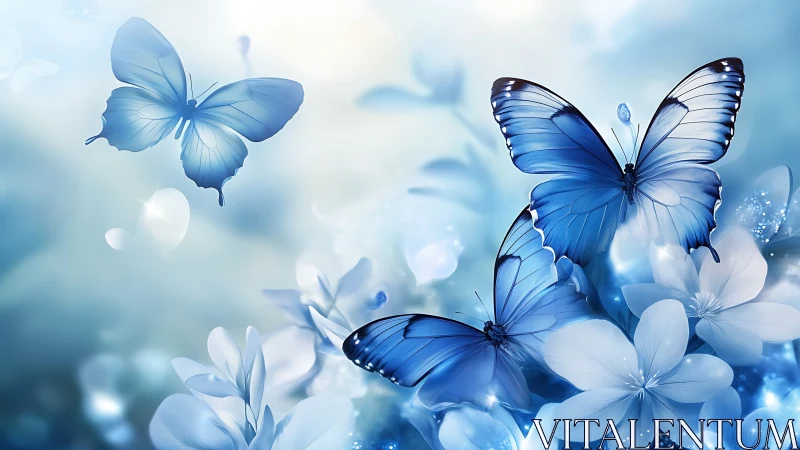 Iridescent blue butterflies over soft-focus pastel blossoms