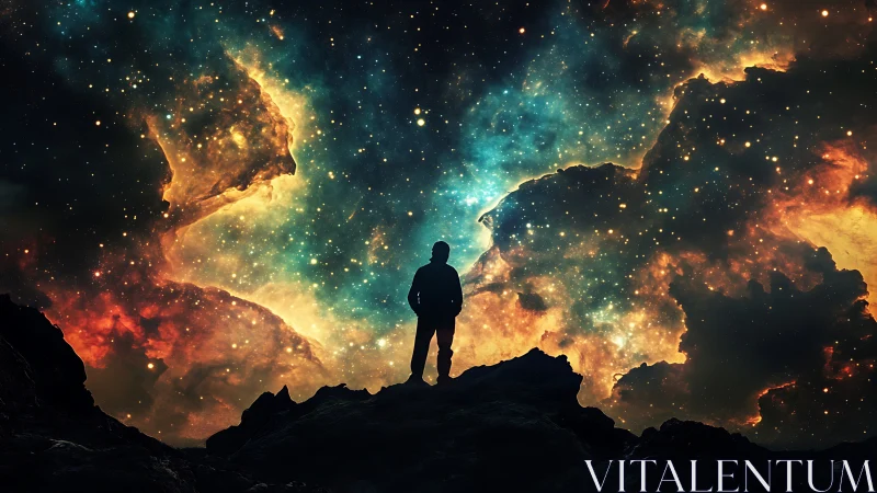Silhouetted explorer contemplates vast, glowing cosmic nebula.