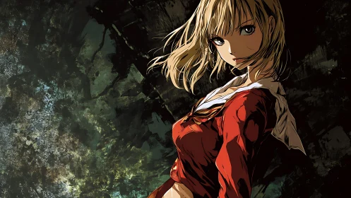 Stormlit schoolgirl sentinel in a fractured forest dusk.