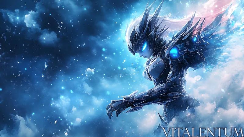 Celestial cybernetic warrior emerging through luminous nebula.