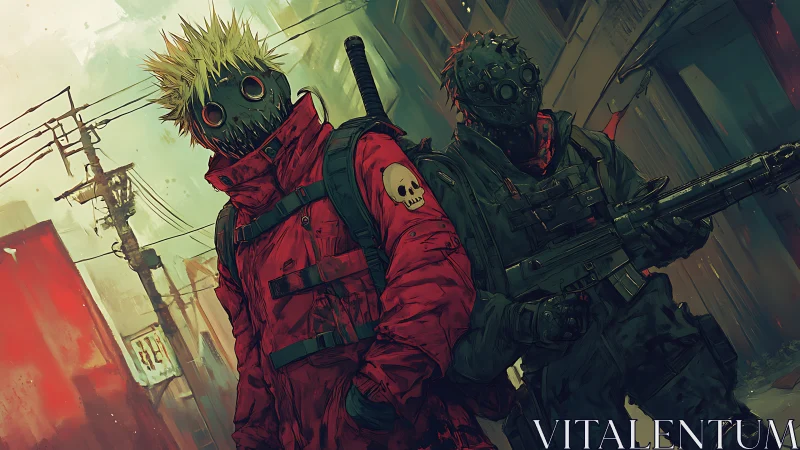 Masked street enforcers stalk a dystopian urban alleyway.