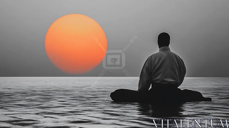 Martial artist sits in seiza on calm water before large sun