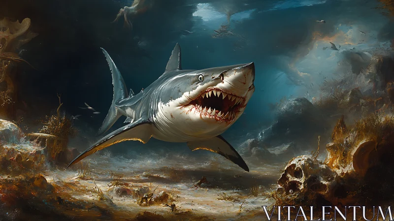 Storm-lit shark patrol in a wild, mysterious seafloor.