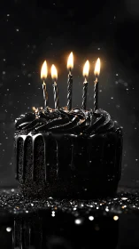 Black velvet birthday cake adorned with five glowing candles.