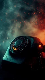 Retro rotary phone in cinematic smoke and sparks.