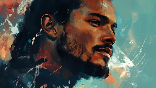 Bold digital portrait of man in profile on teal background.