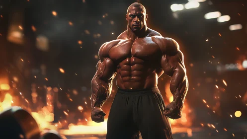 Muscular digital bodybuilder in dramatic gym lighting.