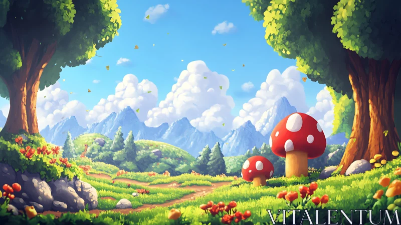 Enchanted Forest Glade with Red Mushroom Dwellings.