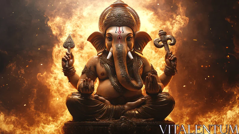 Ganesh statue sits in lotus pose framed by surrounding flames