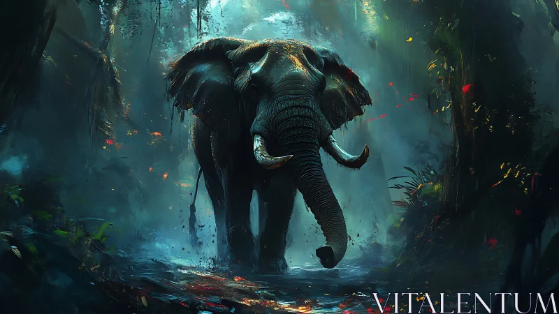 Elephant walking through dense misty forest environment.