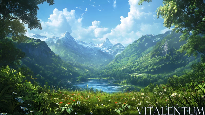 Mountain lake valley with lush forest and wildflower meadow.