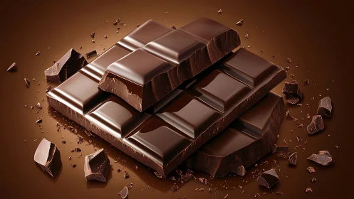 Segmented Dark Chocolate Bar With Scattered Fragments on Ambient Surface