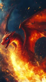 Inferno-winged dragon erupts from a storm of molten dawn.