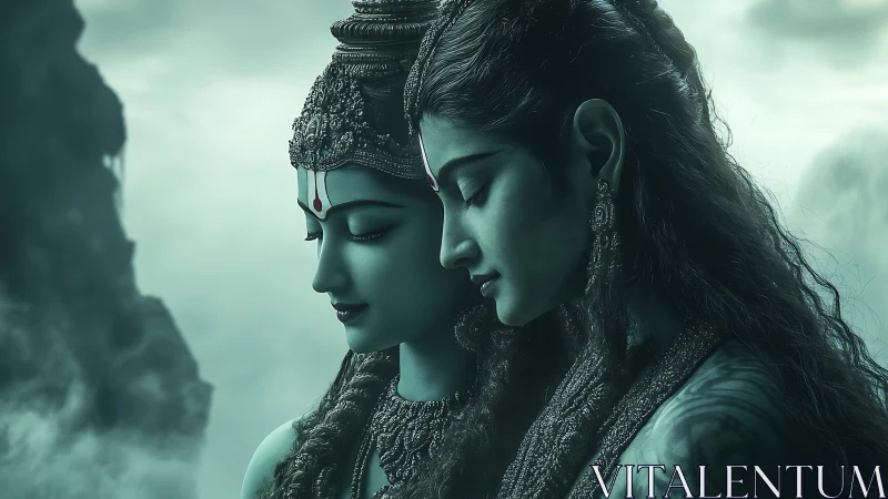 Two stylized profiles in close contact against misty backdrop.