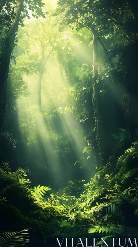Ethereal Forest Light Breaking Through Dense Canopy