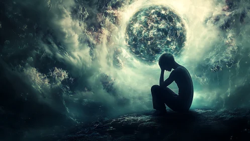 Silhouetted figure under swirling cosmic stormy sky.