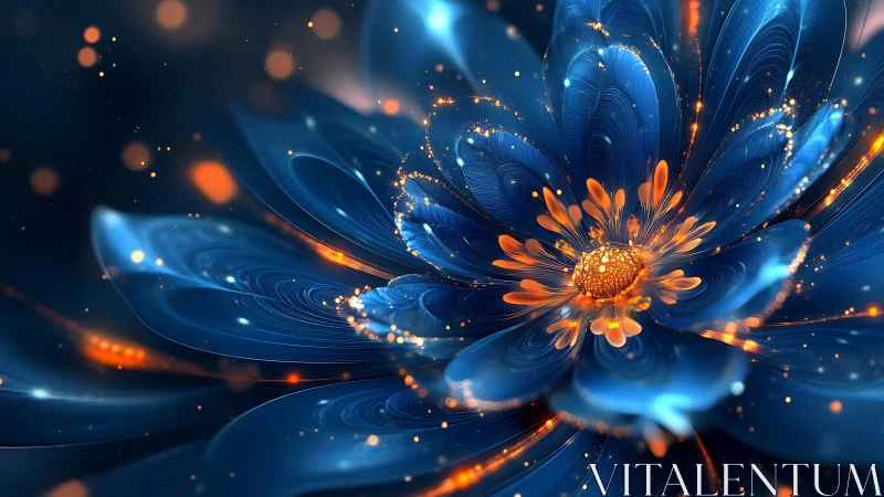 Digital macro view of luminous blue and orange flower form.
