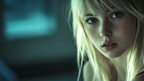 Blonde woman holds direct gaze in cool cinematic lighting