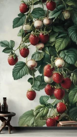Strawberry mural cascades over minimalist rustic interior wall.