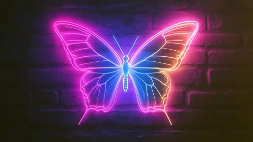 Neon butterfly hums softly against a midnight brick canvas