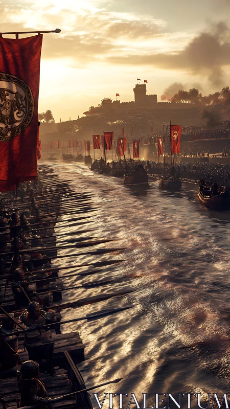 Roman warships advance toward fortified river citadel at dusk.