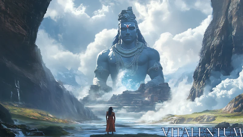 Majestic mountain deity watching over a quiet valley path.