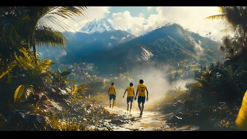 Digital painting of youth football trek in misty tropics.