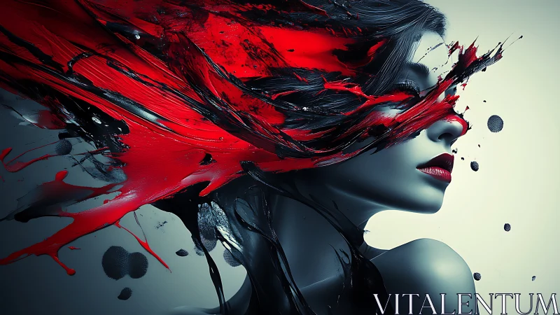 Digital portrait shows grayscale figure intersected by red paint